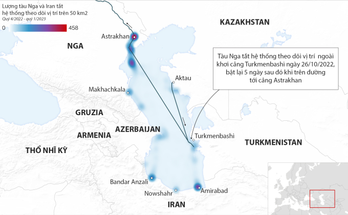 カスピ海におけるロシアとイランの船舶の航路を隠蔽する頻度。グラフィック：CNN