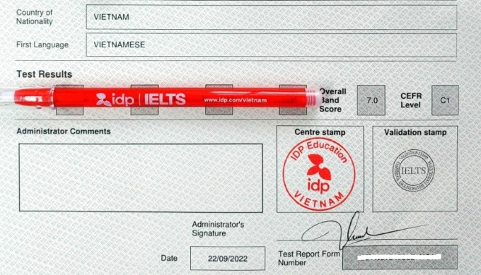 تم إصدار شهادة IELTS للسيد نغوك في 22 سبتمبر 2022. الصورة: NVCC