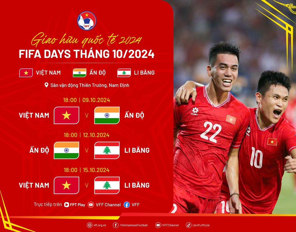 Đội tuyển Việt Nam chốt lịch đối đầu Ấn Độ, Lebanon trước AFF Cup 2024 - 2