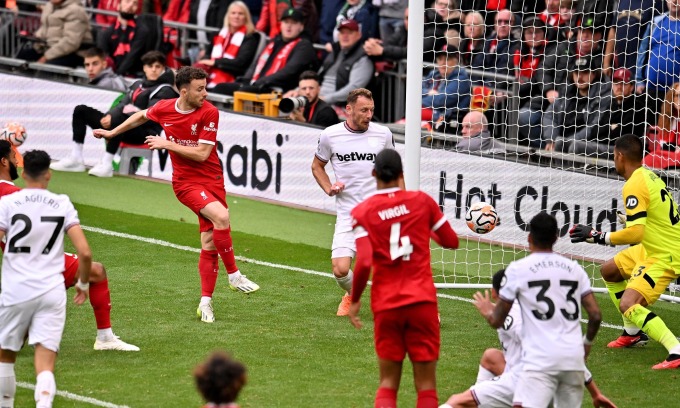 L'attaquant Jota a scellé la victoire 3-1 de Liverpool lors de sa victoire 3-1 contre West Ham à Anfield lors de la 6e journée de Premier League le 24 septembre. Photo : Liverpool FC