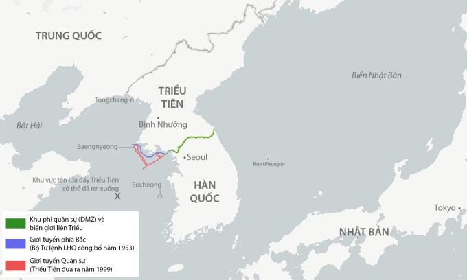 Vị trí tên lửa đẩy Triều Tiên có thể đã rơi xuống. Đồ họa: CSIS