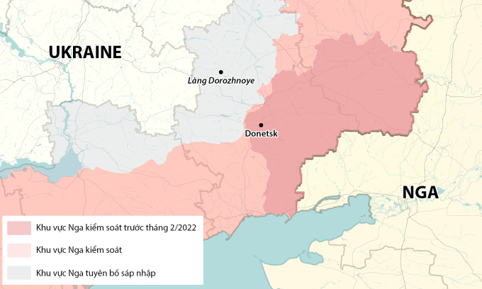 Localisation du village de Dorozhnoye, Donetsk. Graphiques : RYV