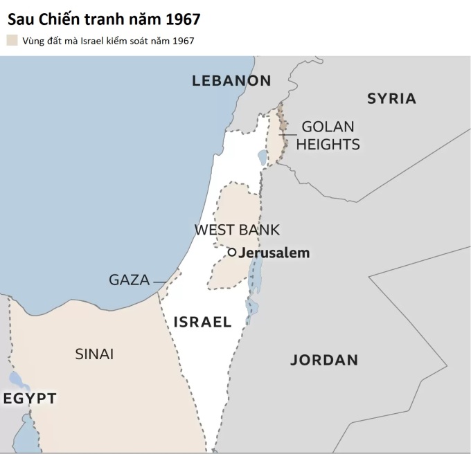 1967年の戦争後のイスラエル、ガザ、ヨルダン川西岸の境界線。画像：BBC