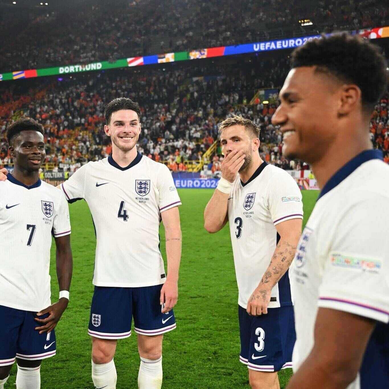 Ollie Watkins celebrates with his teammates after the match. Photo: English Football Association