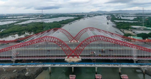 Primer plano del puente con forma de gaviota extendiendo sus alas en Ba Ria