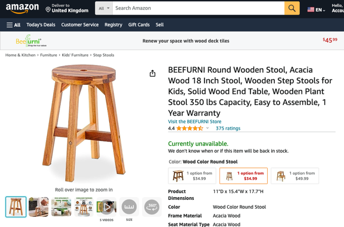 Un taburete redondo fabricado en Vietnam y vendido en Amazon por casi 35 dólares. Captura de pantalla