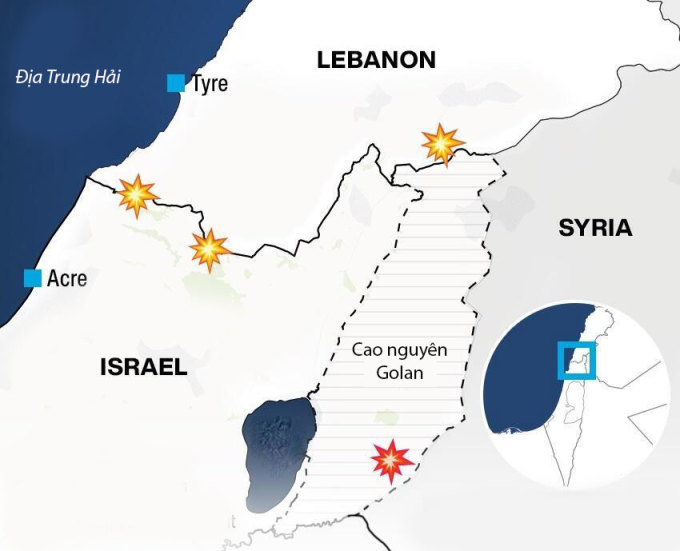 Các vụ đụng độ dọc khu vực biên giới giữa Israel và Lebanon gần đây. Đồ họa: AFP