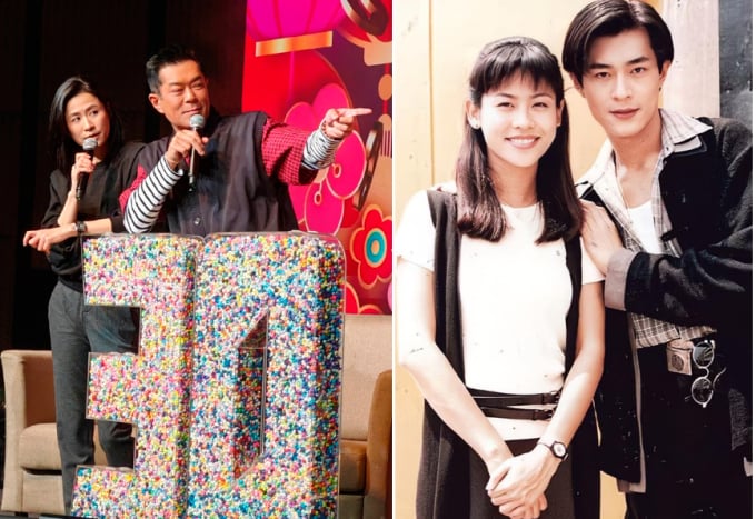 Tuyen Huyên congratulates Louis Koo on his 30th anniversary of acting (left) and two actors when they first entered the entertainment industry. Photo: St Headline