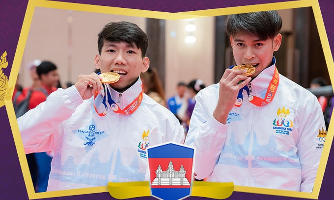 กงโมนา มิโธรา และ ทัช พิคาดา คว้าเหรียญทองจากการแข่งขันจูจิตสูให้กับกัมพูชา ในการแข่งขันกีฬาซีเกมส์ ครั้งที่ 32 เมื่อวันที่ 6 พฤษภาคม 2023 ภาพ: Cambodia2023