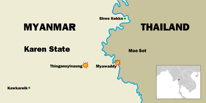موقع بلدة مياوادي في ميانمار، على حدود بلدة ماي سوت في تايلاند. الرسومات: إيراوادي