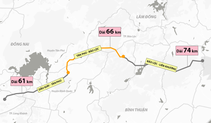 Route map of Tan Phu - Bao Loc expressway, connecting with Dau Giay - Tan Phu and Bao Loc - Lien Khuong expressways. Graphics: Tran Nam.