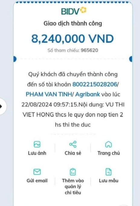 Nội dung trường THCS Lê Quý Đôn chuyển khoản cho thầy giáo Phạm Văn Tính. Ảnh: Phòng GD&ĐT cung cấp.