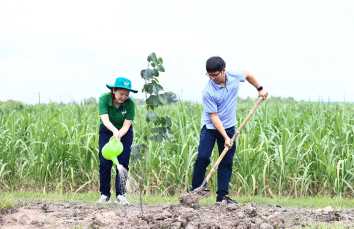 Ms. Dang Huynh Uc My, Chairman of TTC AgriS, and Mr. Nguyen Thanh Tam, Member of the Party Central Committee, Secretary of the Provincial Party Committee, Chairman of the People's Council of Tay Ninh province, carried out tree planting activities to spread the value of the project 