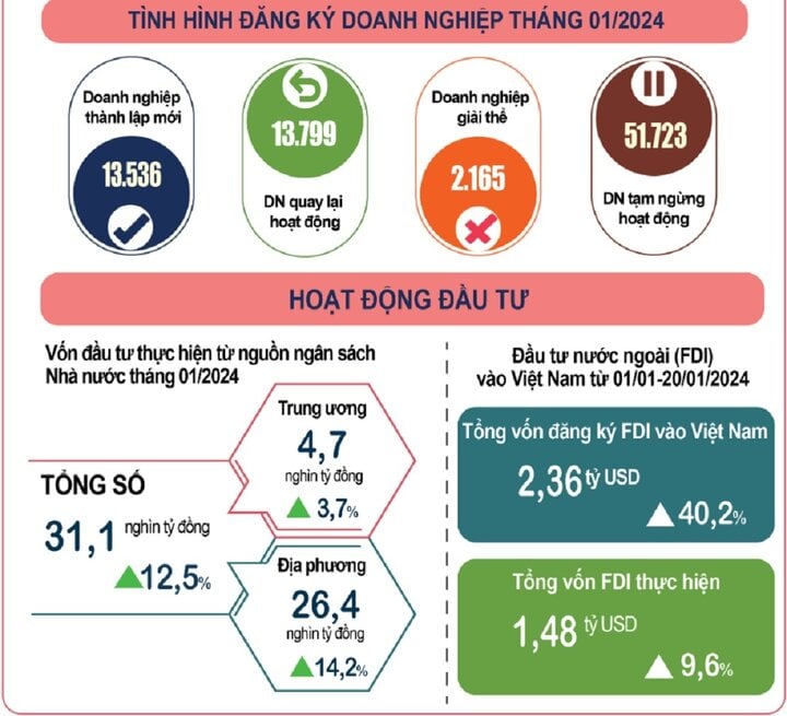 Tình hình đăng ký doanh nghiệp và hoạt động đầu tư tháng 1/2024. (Ảnh: Tổng cục Thống kê)