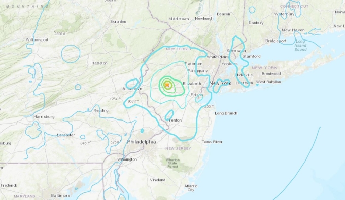 4월 5일 아침 미국 뉴저지 주에서 발생한 지진의 진원지. 그래픽: USGS