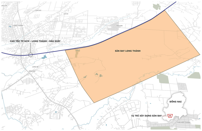 Vị trí sân bay quốc tế Long Thành. Đồ họa: Khánh Hoàng