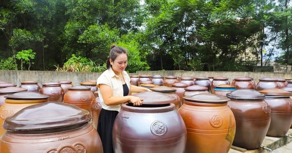 Surmontant la clôture en bambou du village, la directrice d'une coopérative de Ha Tinh apporte à l'étranger la sauce de poisson de mer de Thien Cam.