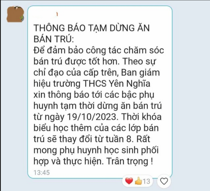 Thông báo của nhà trường gửi tới phụ huynh trong các nhóm lớp (Ảnh: PHCC).