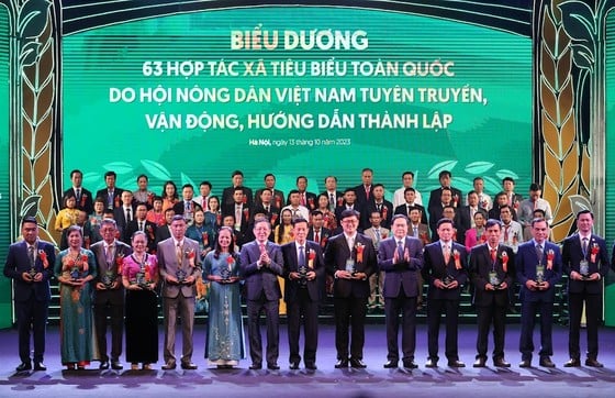 El vicepresidente permanente de la Asamblea Nacional, Tran Thanh Man, y el presidente del Comité Central de la Unión de Agricultores de Vietnam, Luong Quoc Doan, entregaron medallas conmemorativas a representantes de cooperativas destacadas.