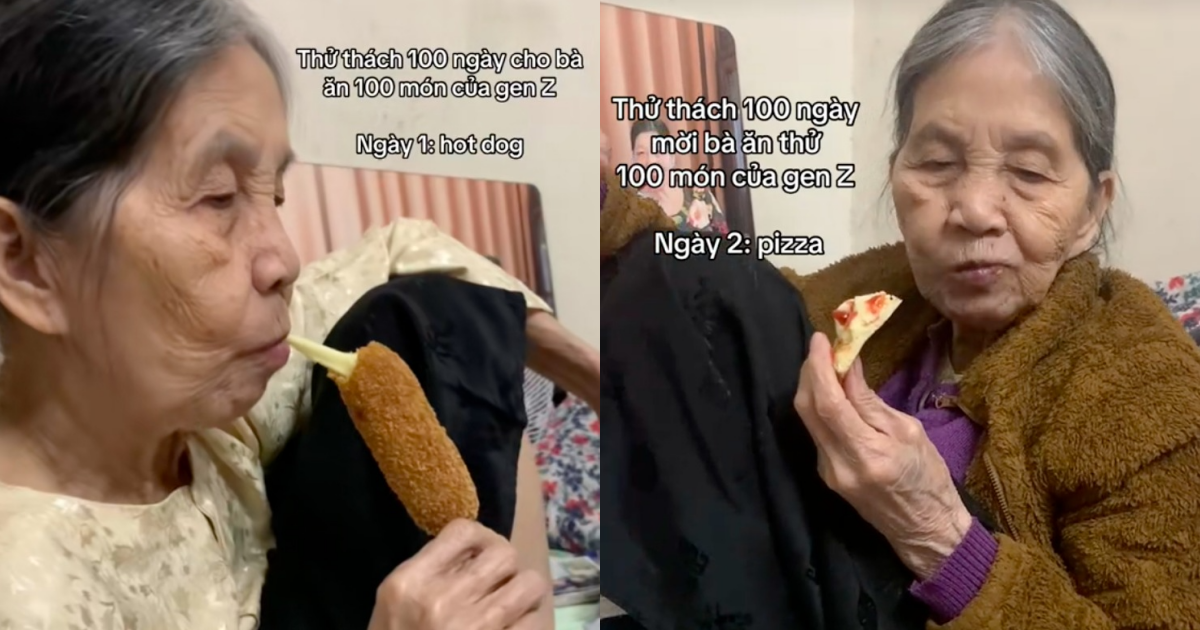 Hanoi old lady "challenges" eating pizza and drinking milk tea: Surprises millions of viewers