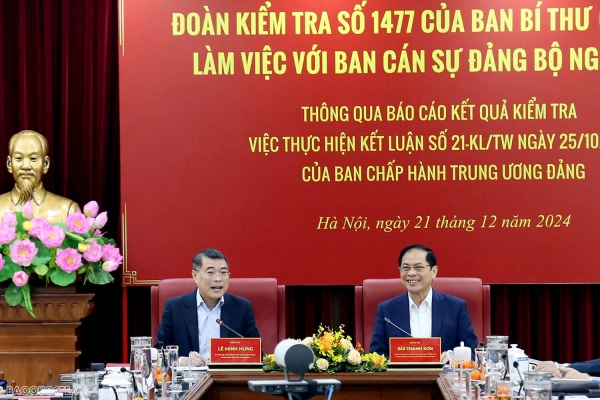 Đoàn kiểm tra của Ban Bí thư làm việc với Ban cán sự đảng Bộ Ngoại giao về thực hiện Kết luận 21 của Ban Chấp hành Trung ương