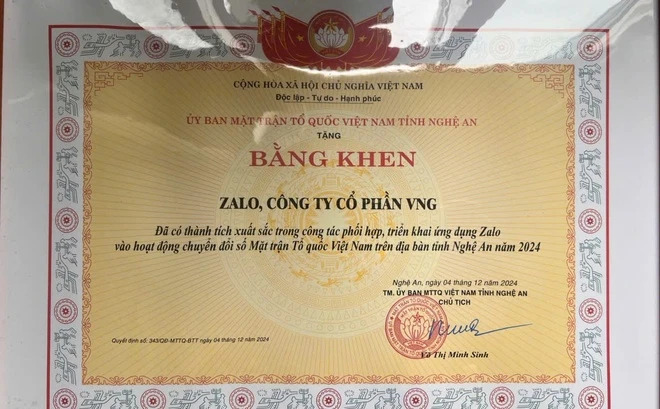 Actualité économique - Zalo a reçu un certificat de mérite du Front de la patrie du Vietnam de la province de Nghe An