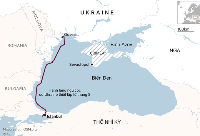 Hành lang ngũ cốc mới do Ukraine thiết lập từ tháng 8/2023. Đồ họa: FT