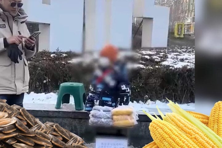 The boy stood selling goods in the cold snow at minus 10 degrees Celsius.