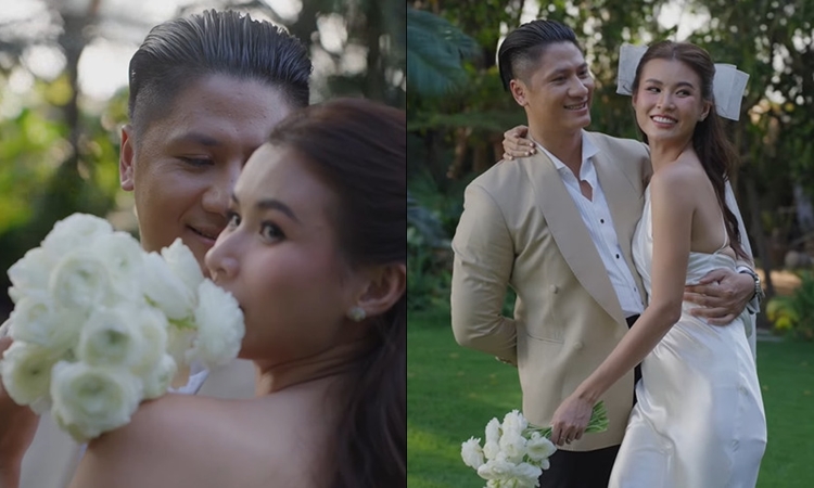 Cao Thien Trang affectionately with her husband in wedding photos