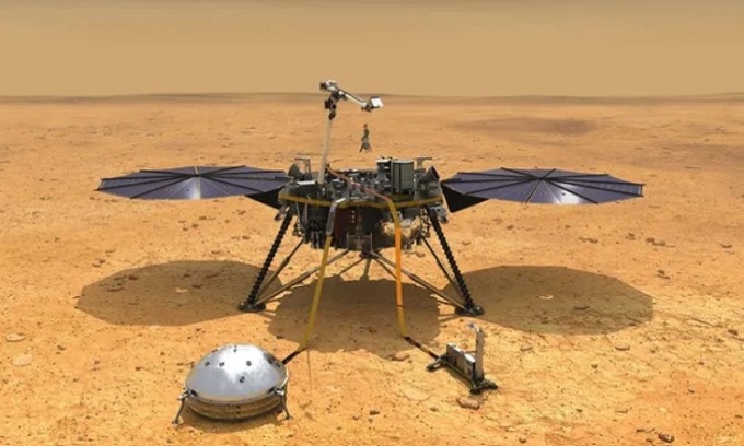 Mô phỏng trạm InSight hoạt động trên bề mặt sao Hỏa. Ảnh: NASA