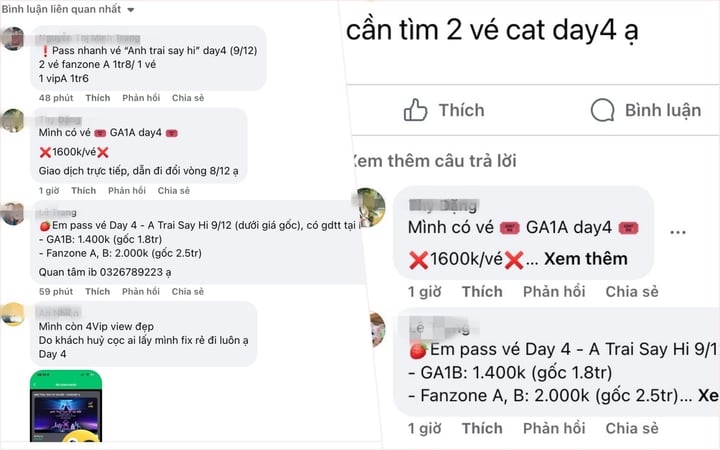 Vé chương trình "Anh trai say hi" liên tục được chào mời trên chợ mạng, với giá rẻ hơn giá gốc. (Ảnh chụp màn hình)