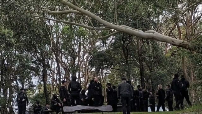 Un groupe de personnes vêtues de noir s'est rassemblé dans un parc du nord de Sydney le 28 janvier. Photo : SBS