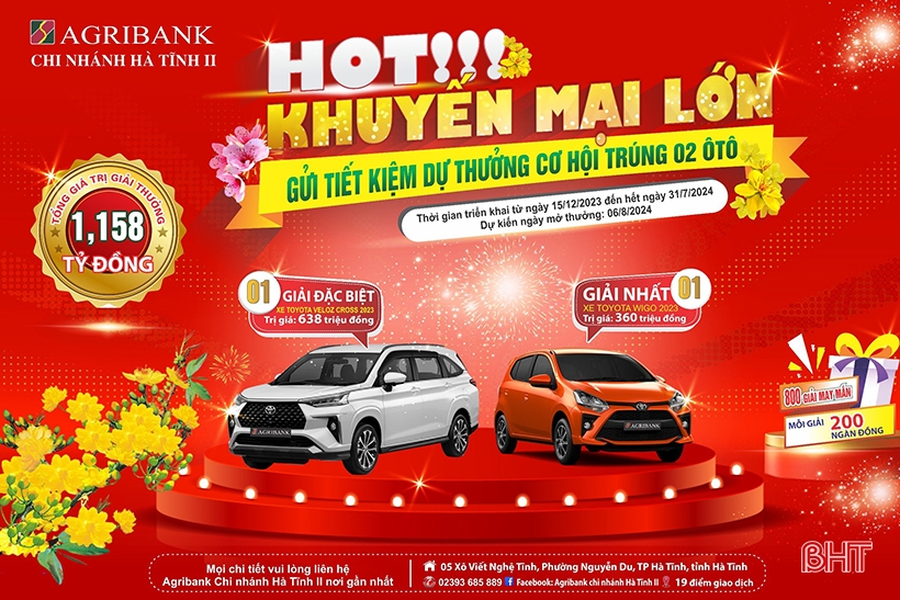 Agribank Ha Tinh II에 예금을 하면 Toyota Veloz Cross 또는 Toyota Wigo를 받을 수 있는 기회가 있습니다.