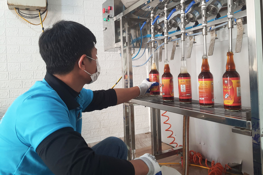 Workers of Nam Hai fish sauce production cooperative (Trung Vuong ward, Uong Bi city) decant high-protein fish sauce products.