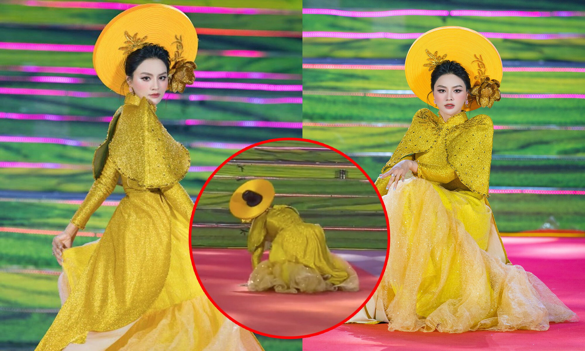 La supermodelo Vu Thu Phuong tropieza mientras actúa en Ao Dai