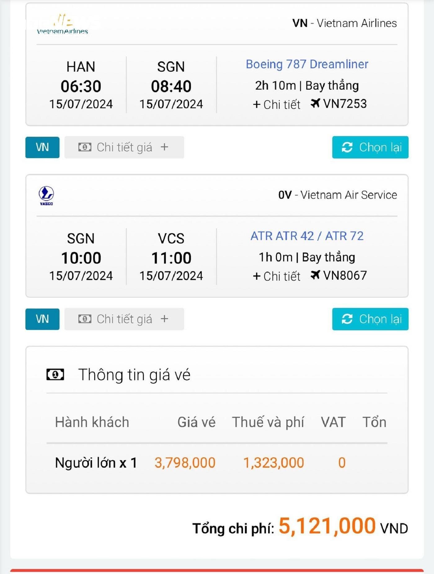 Flugtickets von Hanoi nach Con Dao kosten bis zu über 5 Millionen VND. (Screenshot)