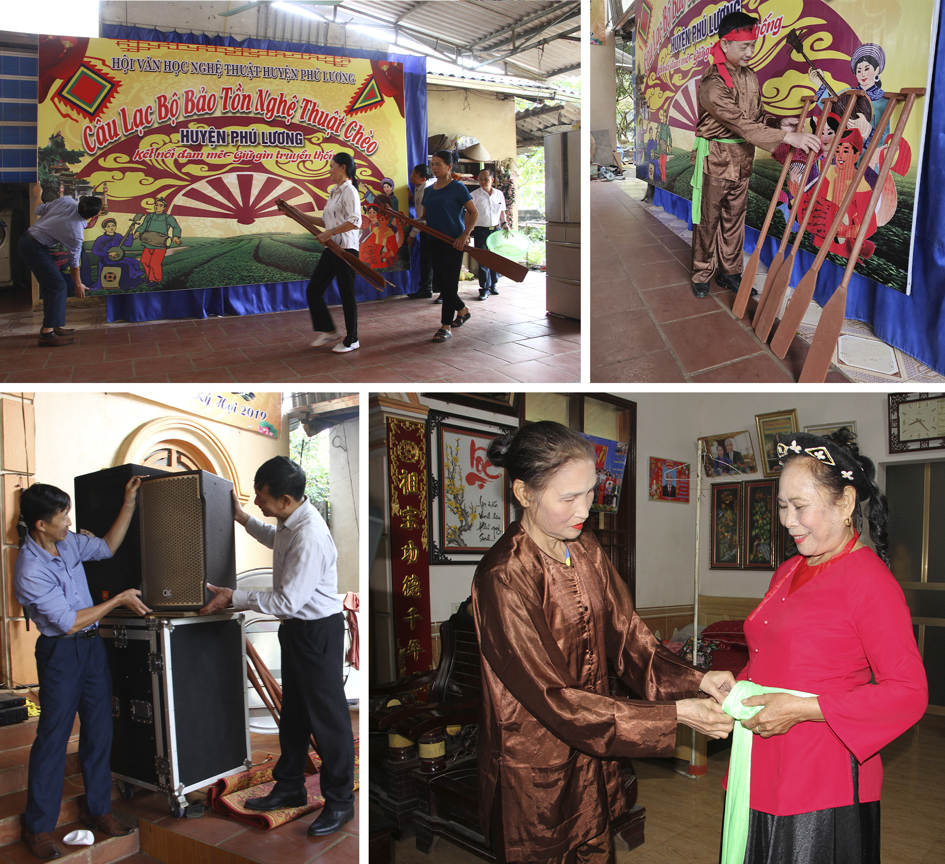 Mitglieder des Cheo Art Preservation Club des Bezirks Phu Luong bereiten sich auf eine Cheo-Aufführung vor.