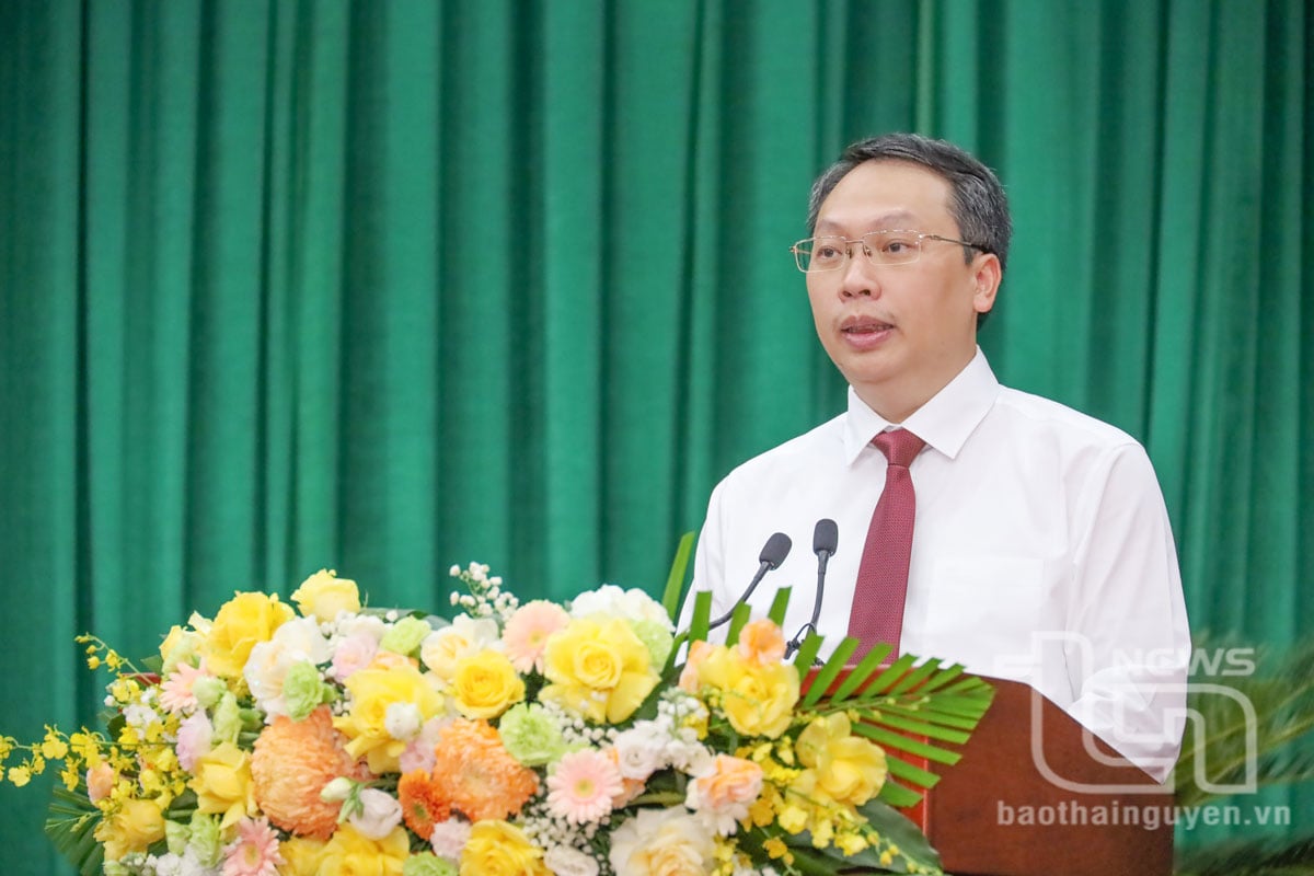 Đồng chí tân Chủ tịch UBND tỉnh Thái Nguyên Nguyễn Huy Dũng phát biểu nhận nhiệm vụ.