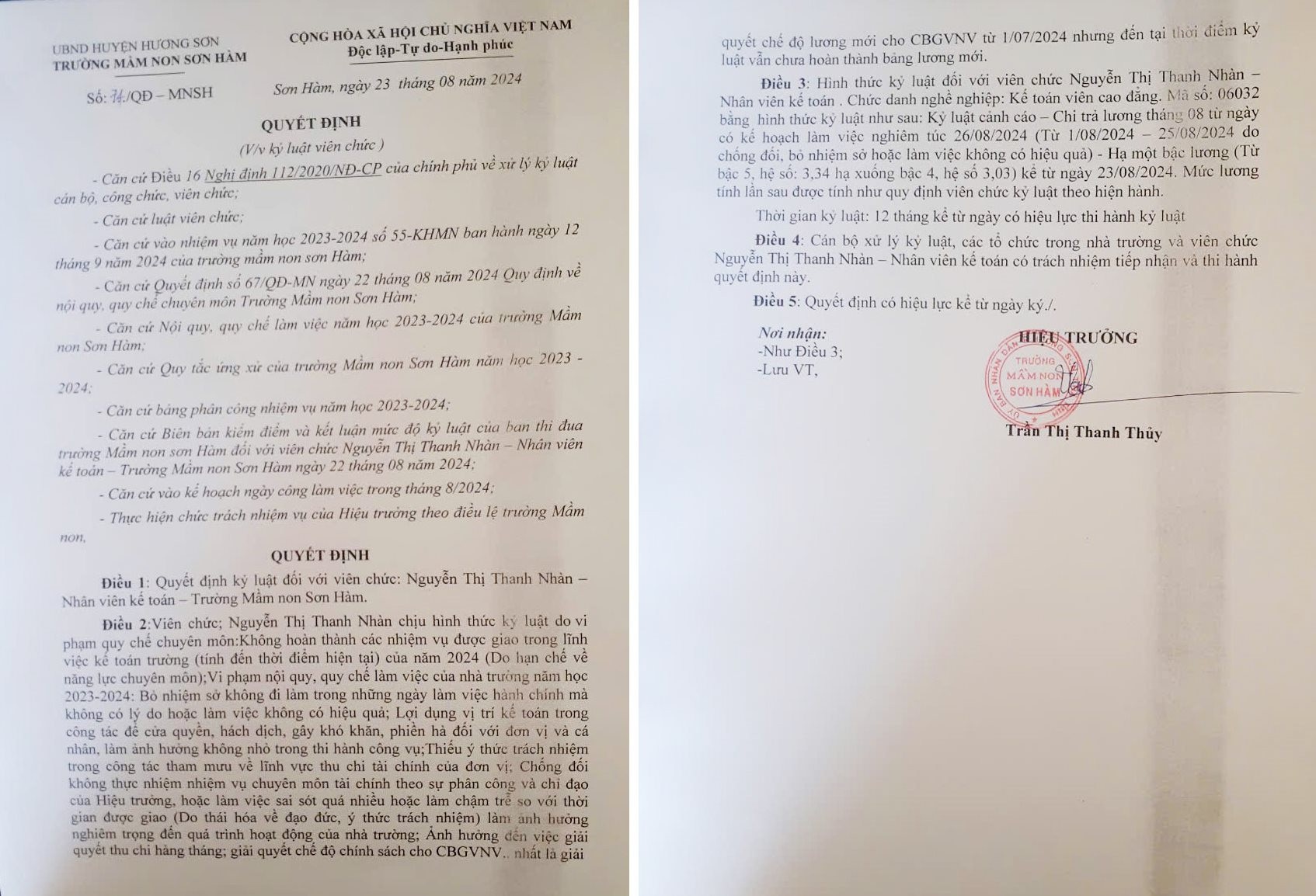 Décision disciplinaire n° 74/QD-MNSH du directeur de l'école maternelle Son Ham. Photo : Cam Ky