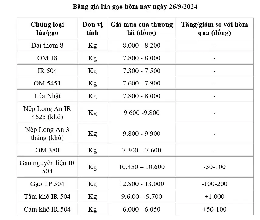 Giá lúa gạo hôm nay 26/9: Giá lúa duy trì ổn định, giá gạo giảm 100 - 200 đồng/kg