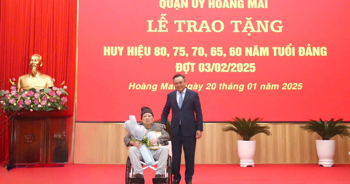 Le président du Comité populaire de Hanoi, Tran Sy Thanh, reçoit les insignes du Parti à Hoang Mai