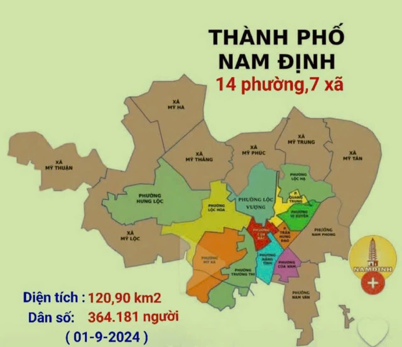 Carte administrative de la ville de Nam Dinh après son expansion.