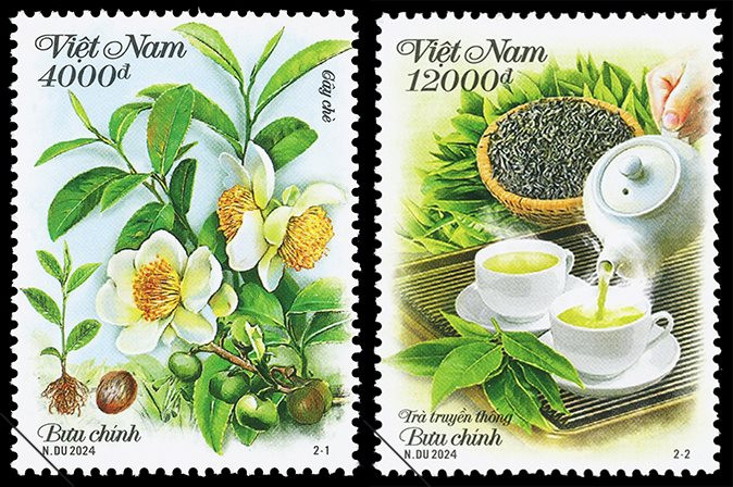 Présentation des arbres à thé et de la culture du thé vietnamienne sur les timbres-poste