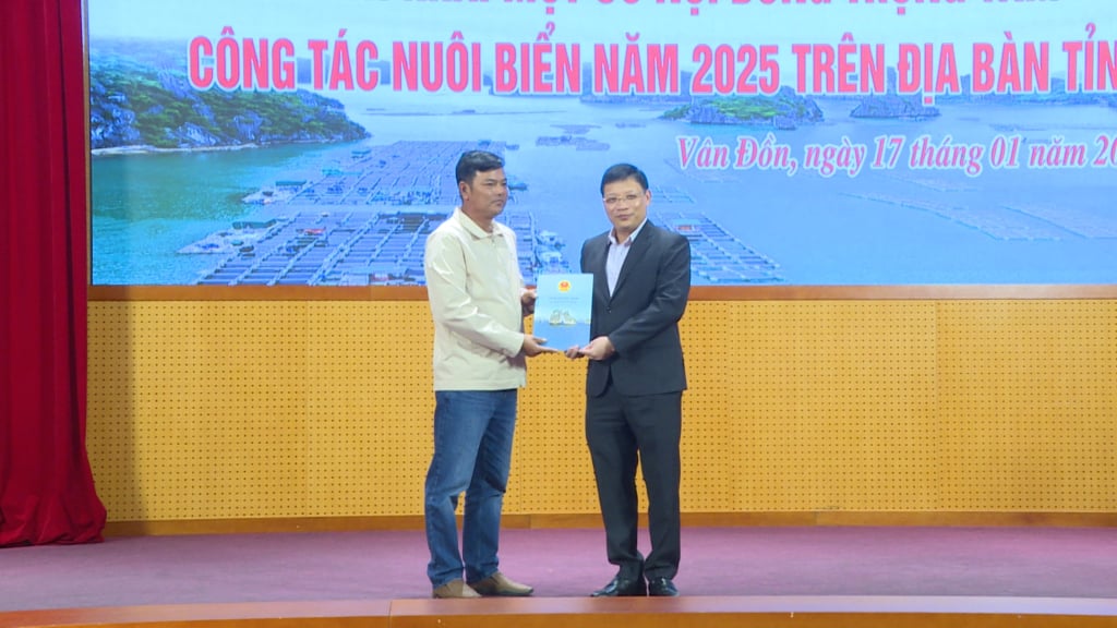 Comrade Nghiem Xuan Cuong, Vice Chairman of the Provincial People's Committee, handed over the decision on the right to use the sea area to Trung Nam Fisheries Cooperative.