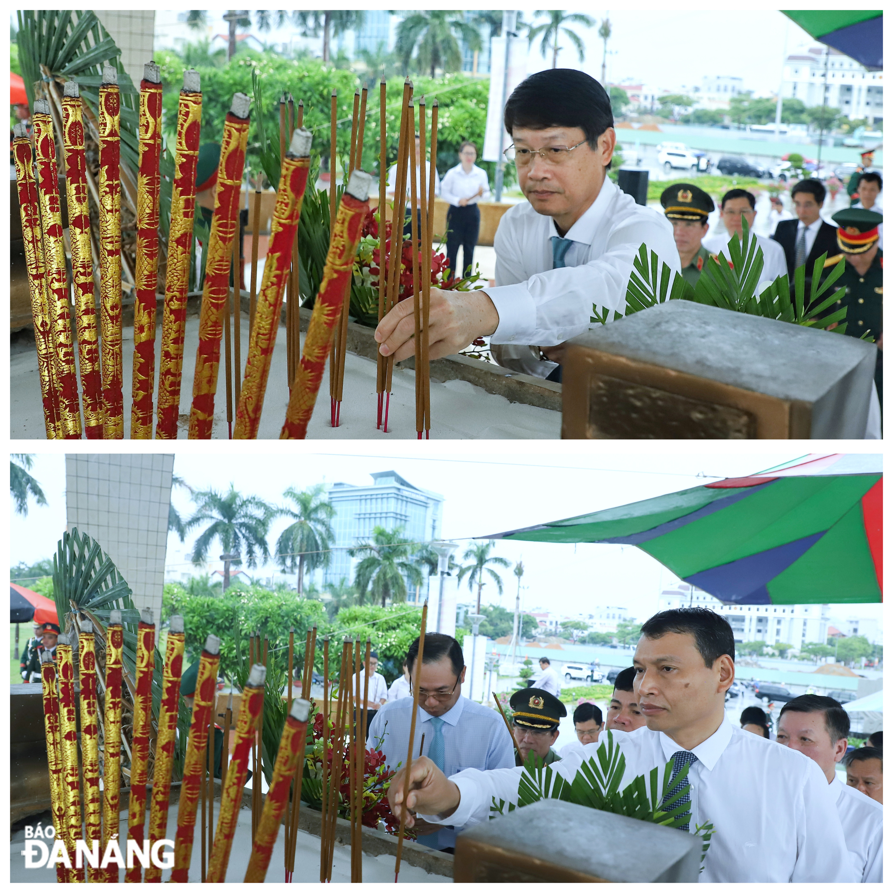 ประธานคณะกรรมการแนวร่วมปิตุภูมิเวียดนามประจำเมือง โง ซวนทัง (ภาพบน) และรองประธานถาวรของคณะกรรมการประชาชนประจำเมือง โฮ กี มินห์ (ภาพล่าง) ถวายธูปเทียนแด่วีรบุรุษและผู้พลีชีพ ภาพ: NGOC PHU