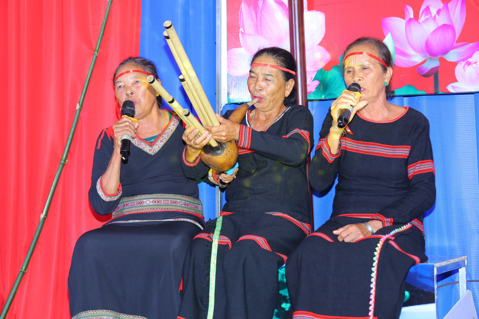 Los artistas son miembros del Buôn Lạc Village Club que interpretan canciones populares y tocan el solo de trompeta ding nam.  