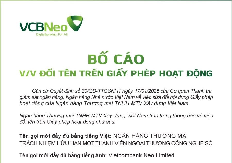 Sau khi về với Vietcombank, CB đổi tên thành VCBNeo