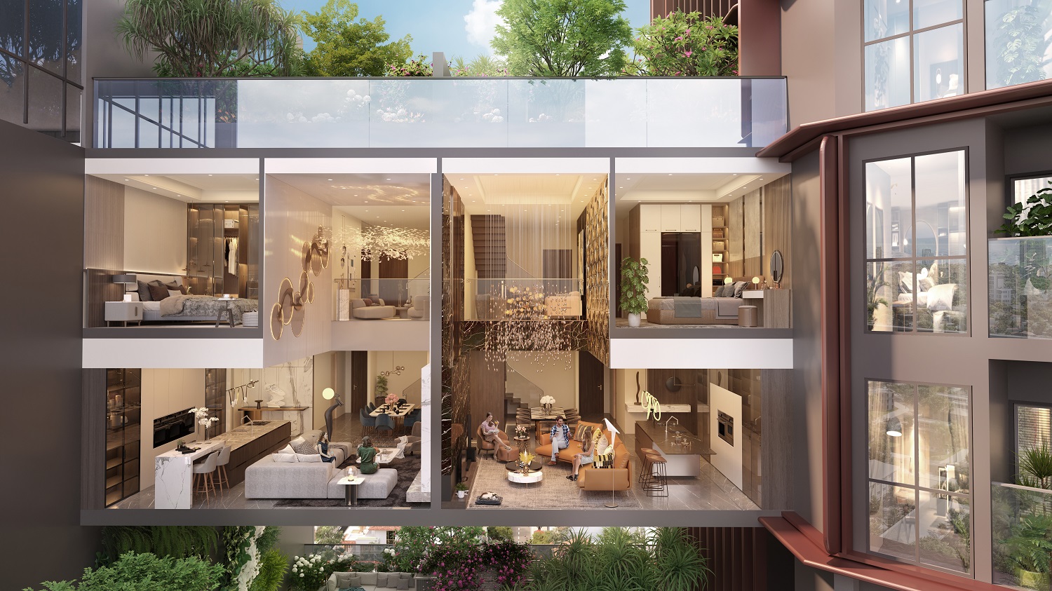Luxuswohnungen erfreuen sich in urbanen Gebieten zunehmender Beliebtheit. Illustratives Perspektivfoto von Sun Property