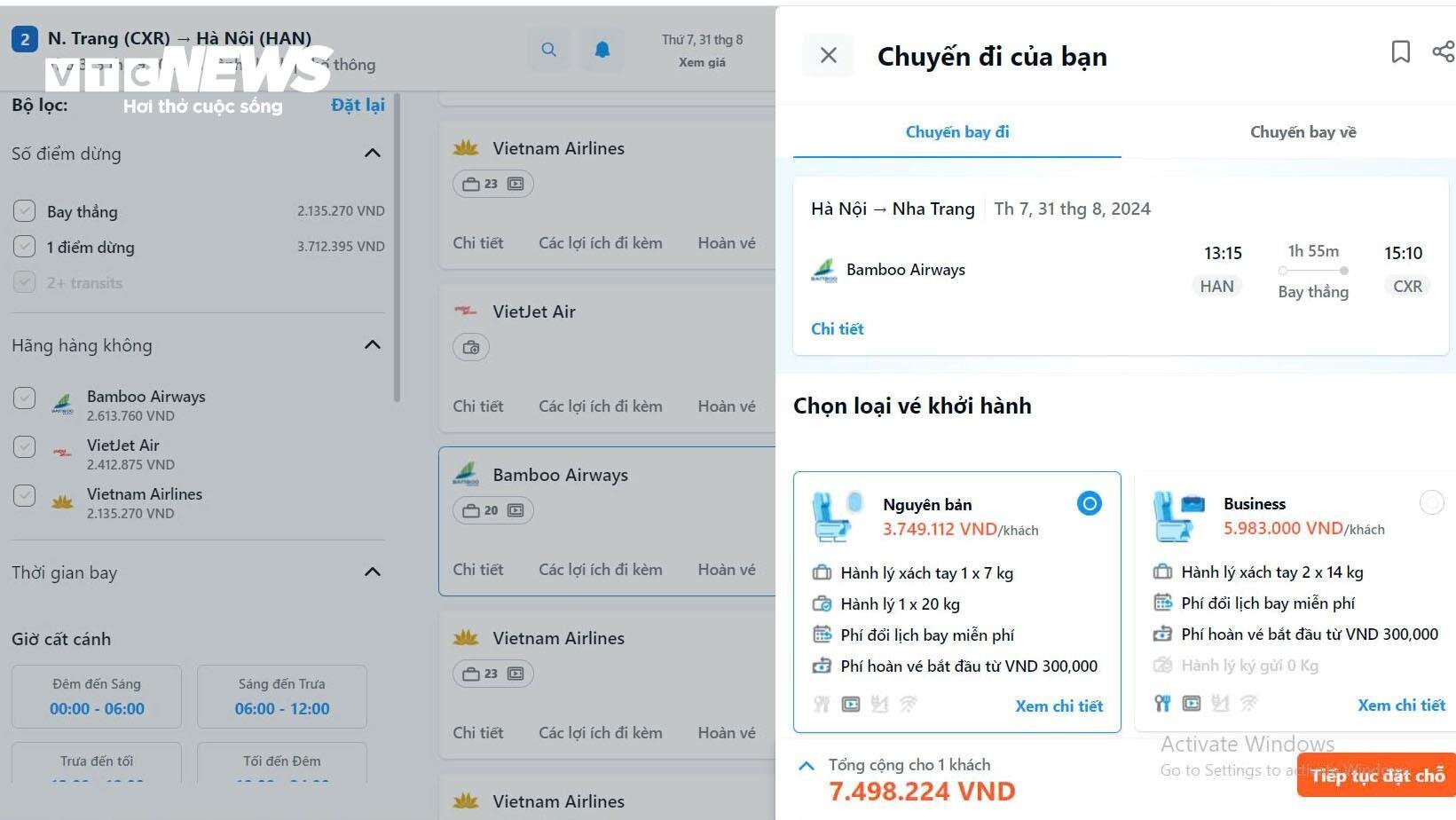 Der Flugpreis von Hanoi nach Nha Trang beträgt während der Feiertage am 2. September fast 7,5 Millionen VND. (Bildschirmfoto).