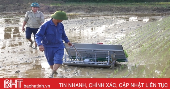 The first commune in Huong Son experiments with motorized rice transplanters